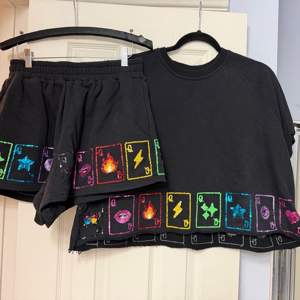 Queen of Sparkles Black Rainbow Card Icon Crop Sweatshirt & Shorts Set